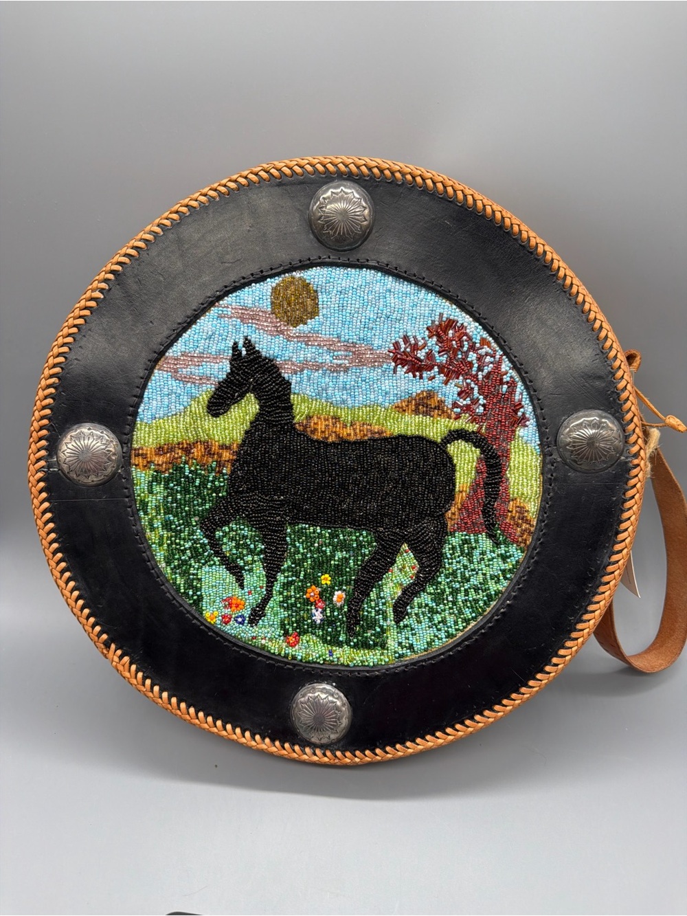 Handcrafted Black Leather Round Beaded Horse Purse Bag